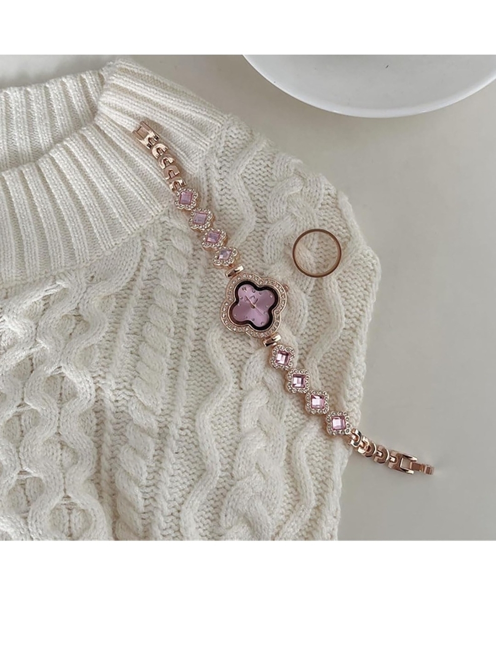 Elegant Pink Clover Face Bracelet Watch - Women's Jewelry - Picture 3 of 6
